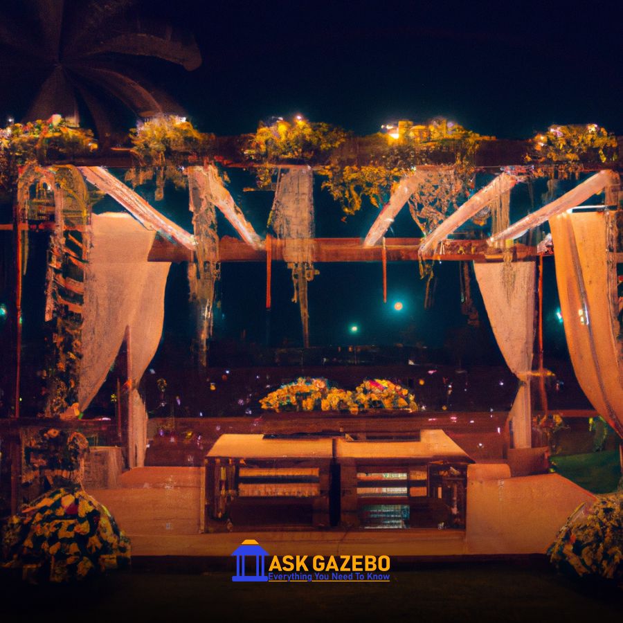 a full decorated gazebo for a wedding in the evening with lights